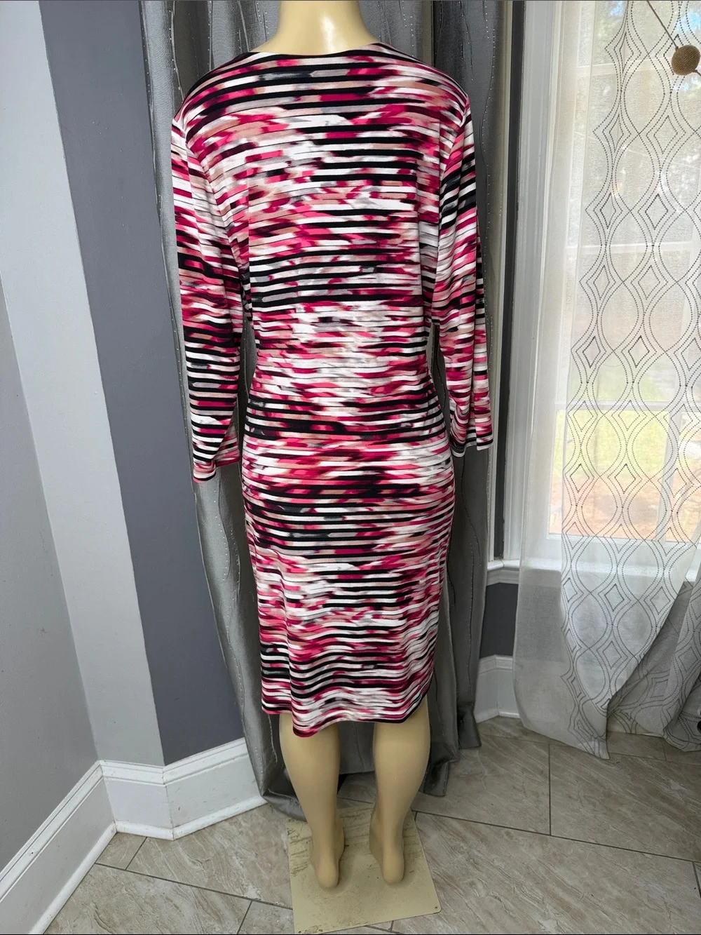 Calvin Klein Women’s Sz 0X Pink, Black & White Striped Wrap Dress Stretch